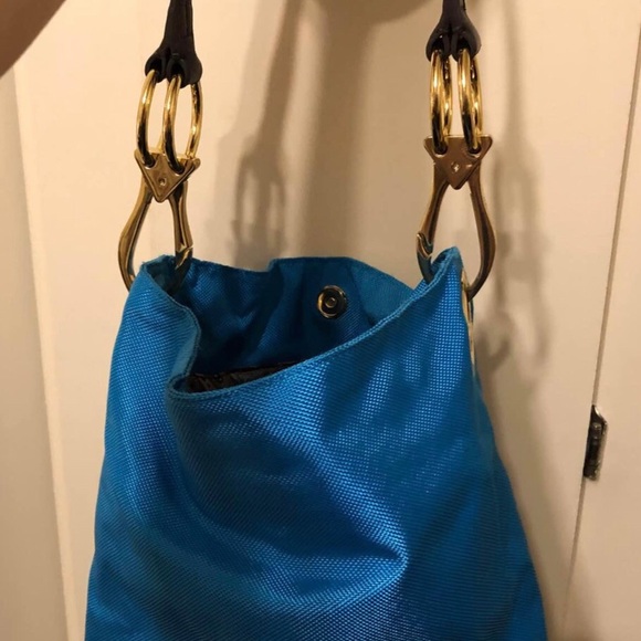 Blue shoulder bag, fabric and leather gold detail - Picture 2 of 4